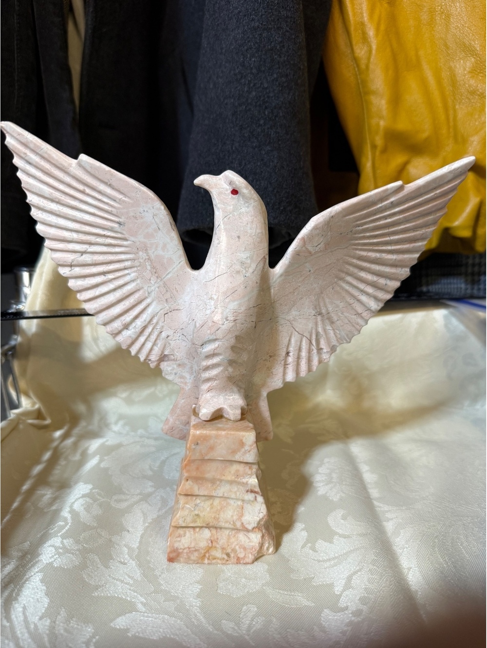 Vintage Hand Carved Stone Eagle Sculpture 7.5" Pink Alabaster Onyx Red Eyes